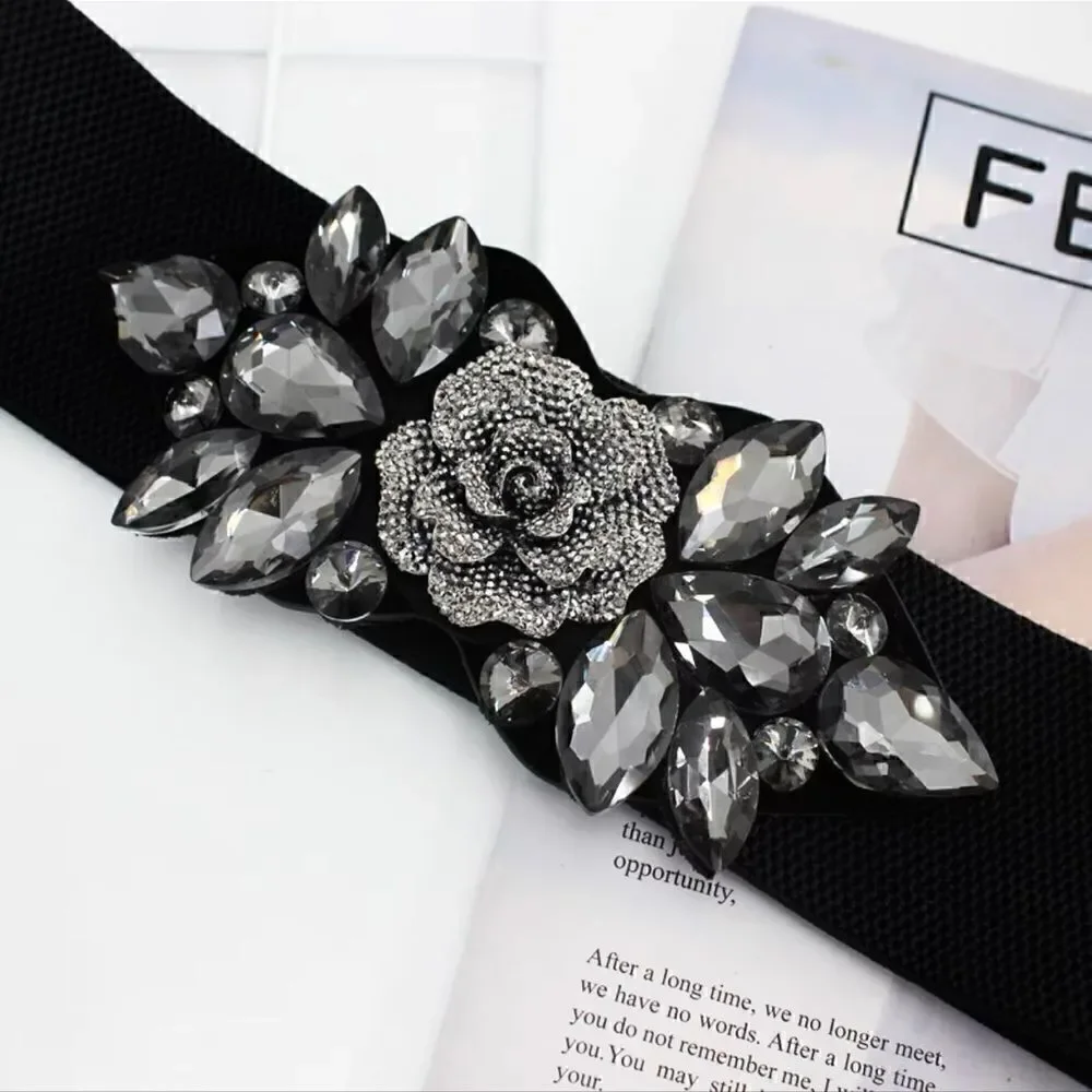 New Women’s Crystal & Beaded 3D Rose Stretch Elastic Belt